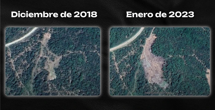 Vista satelital del área en la que se encuentra el actual basural de San Pedro de Colalao, antes y después de su traslado. Fuente: Google Earth.